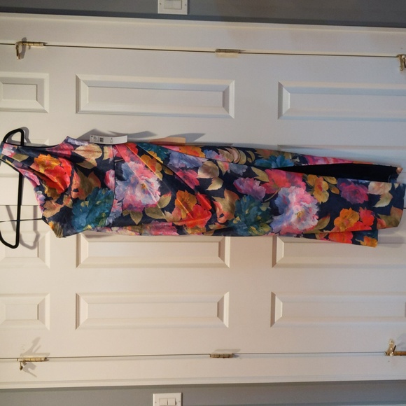 Aidan Mattox One Shoulder Draped Floral Gown With Thigh Slit In Navy Multi - Picture 5 of 14